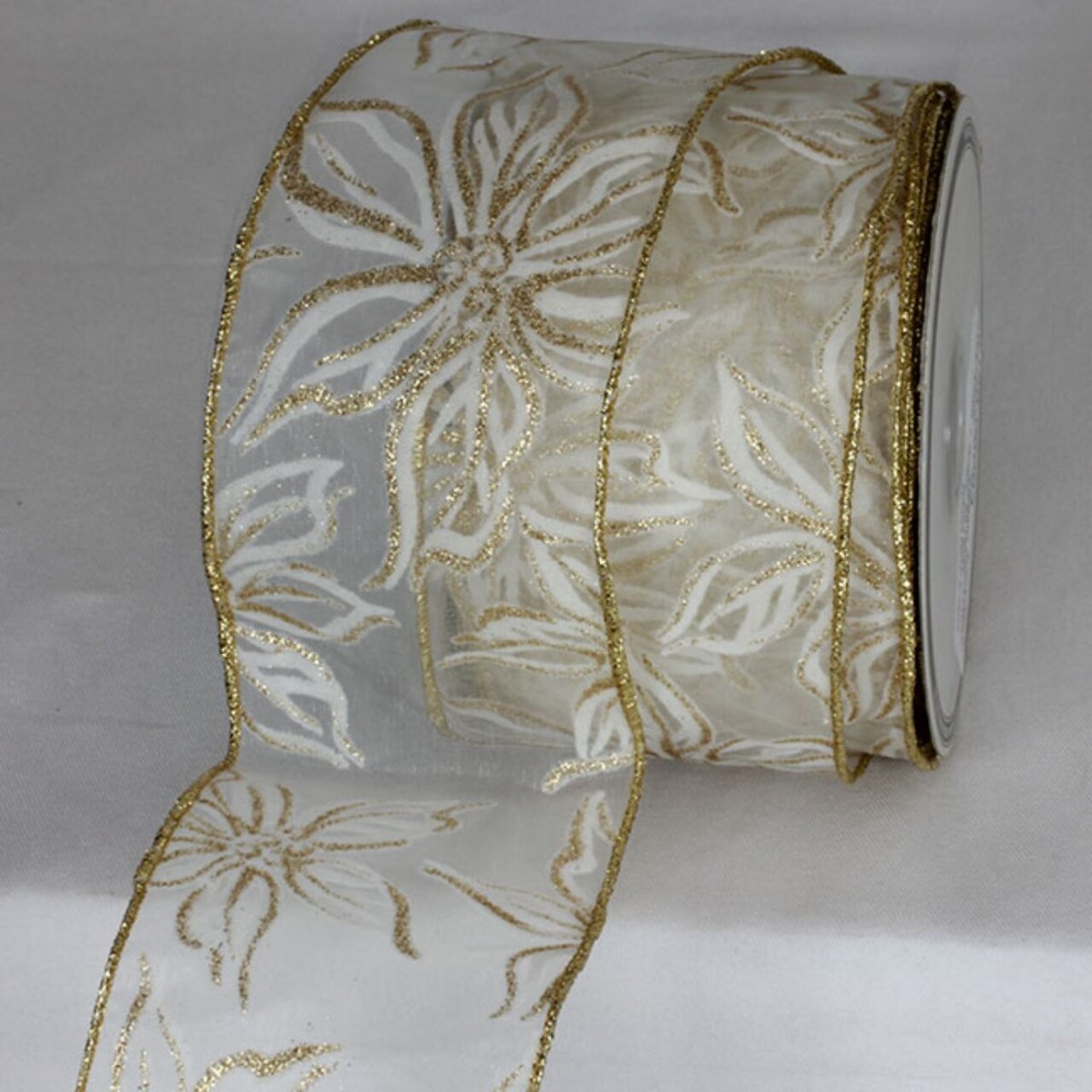 The Ribbon People Ivory and Gold Poinsettia Sheer Metallic Christmas Wired Craft Ribbon 3" x 20 Yards
